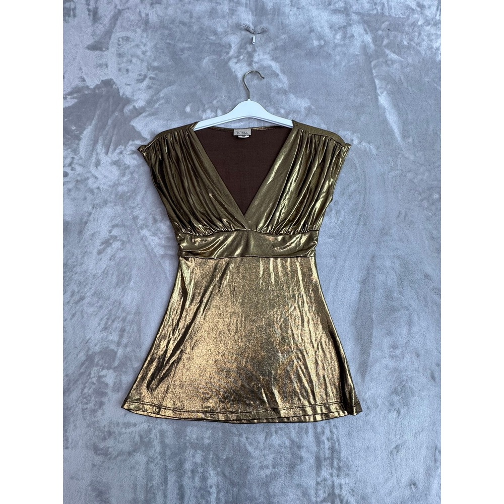 La Khaki Metallic Gold Ruched V Neck‎ Cap Sleeve Top Mens Size S